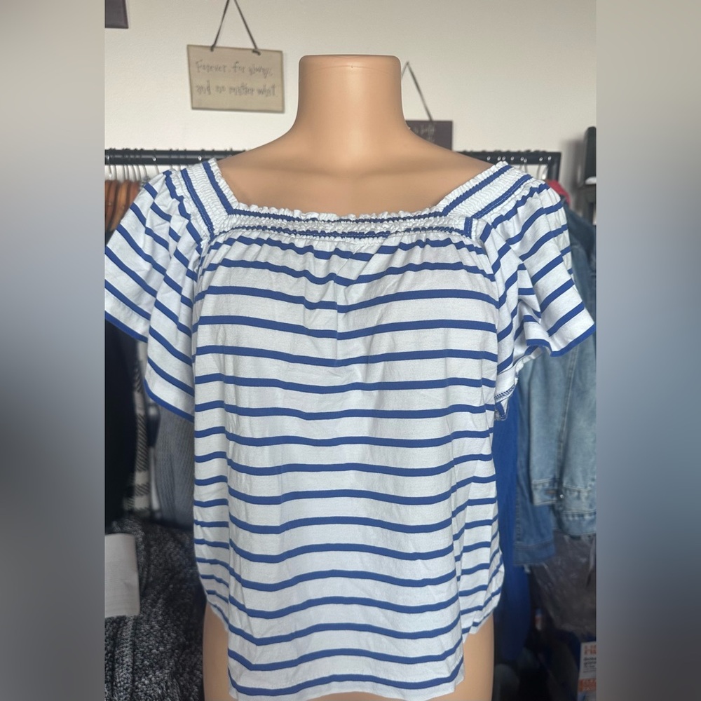 J. Crew White and Blue Flutter Sleeve Smocked Blouse